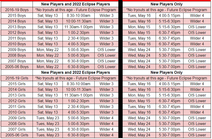 2023 Tryout Schedule 2023 Tryout Schedule